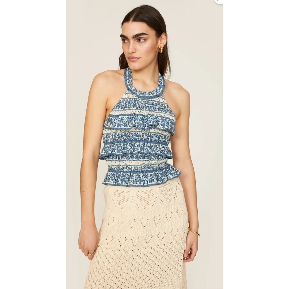 Sea New York Arlo Blue White Embroidered Smocked Tiered Ruffle Halter Top M